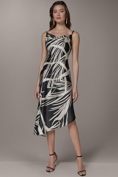 ASYMMETRIC MIDI SLIP DRESS - Black Cream