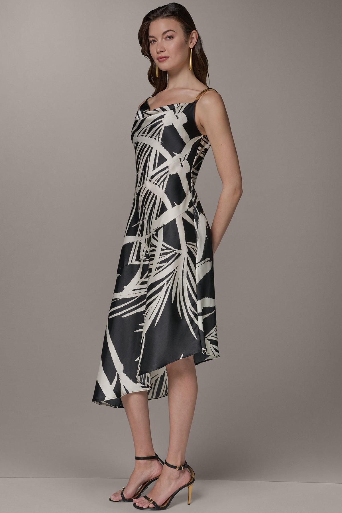ASYMMETRIC MIDI SLIP DRESS - Black Cream