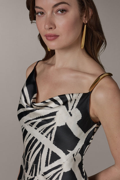 ASYMMETRIC MIDI SLIP DRESS - Black Cream