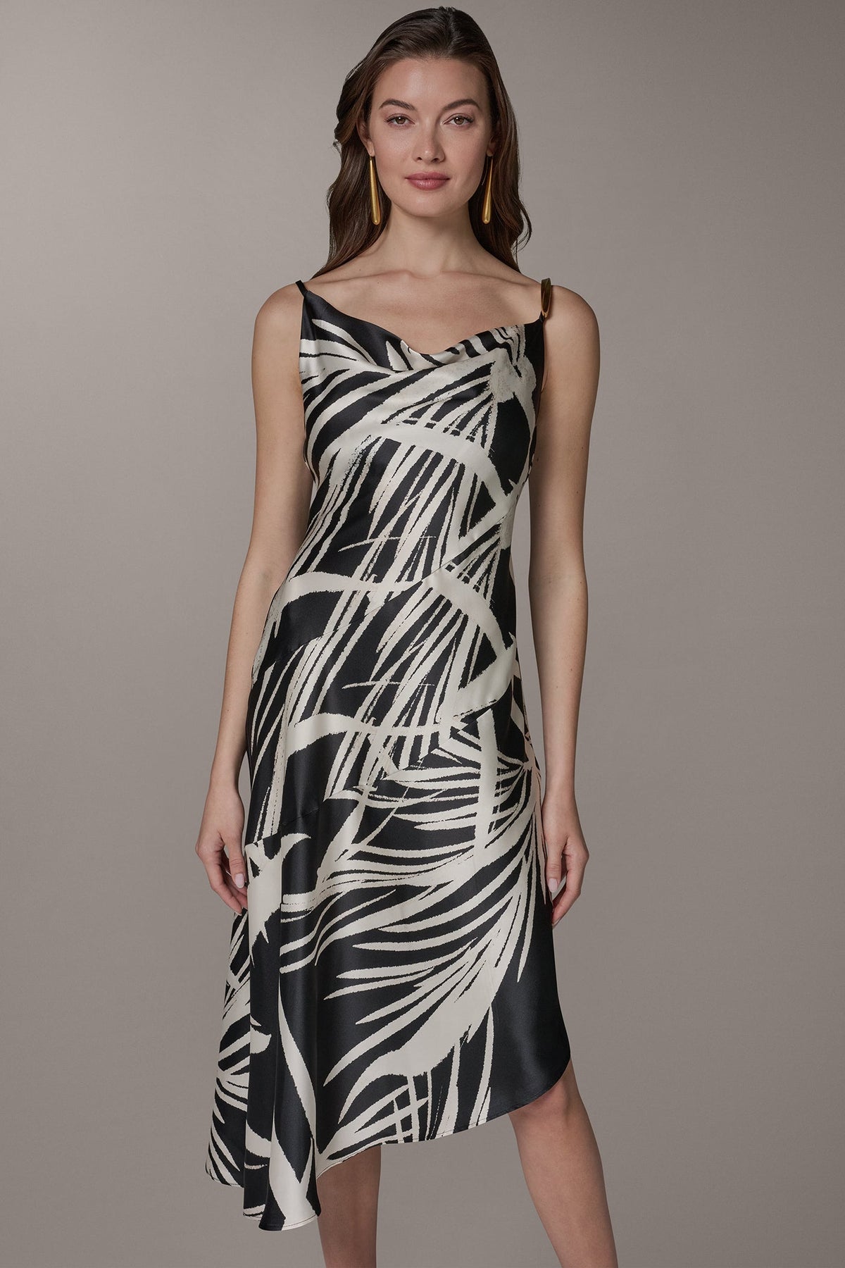 ASYMMETRIC MIDI SLIP DRESS - Black Cream