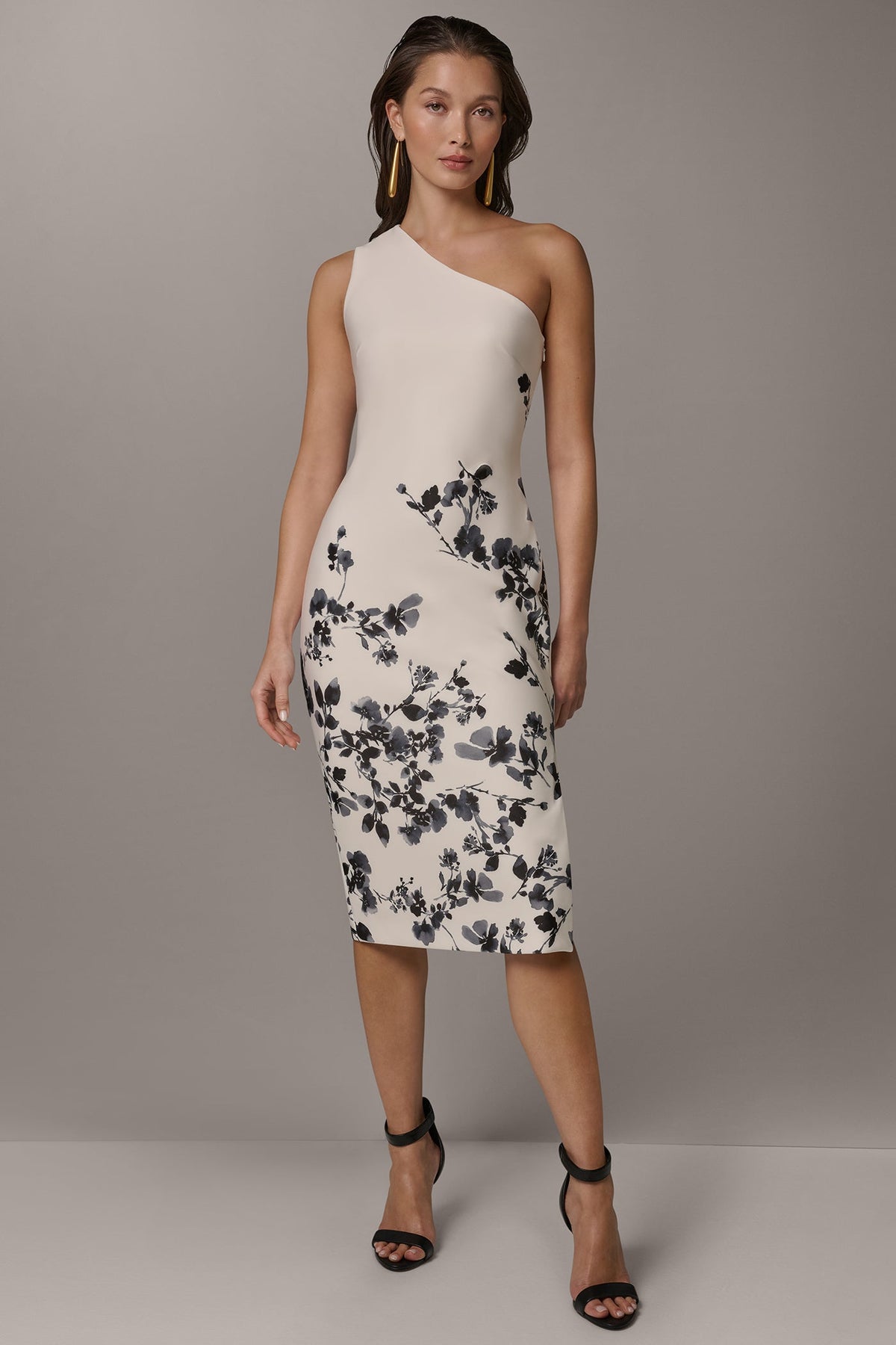FLORAL ONE-SHOULDER SHEATH DRESS - Cream/Black Multi