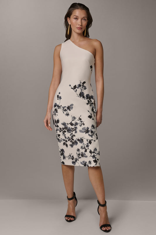 FLORAL ONE-SHOULDER SHEATH DRESS - Cream/Black Multi