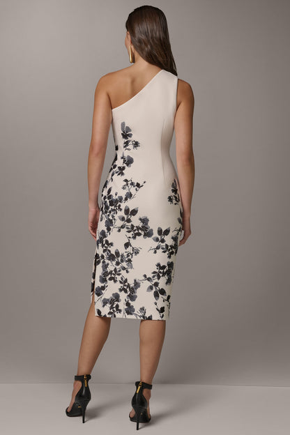 FLORAL ONE-SHOULDER SHEATH DRESS - Cream/Black Multi