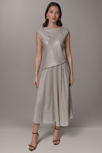 CAP SLEEVE ASYMMETRIC MIDI FIT AND FLARE DRESS - Sisal/Canyon