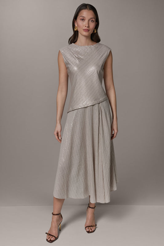 CAP SLEEVE ASYMMETRIC MIDI FIT AND FLARE DRESS - Sisal/Canyon