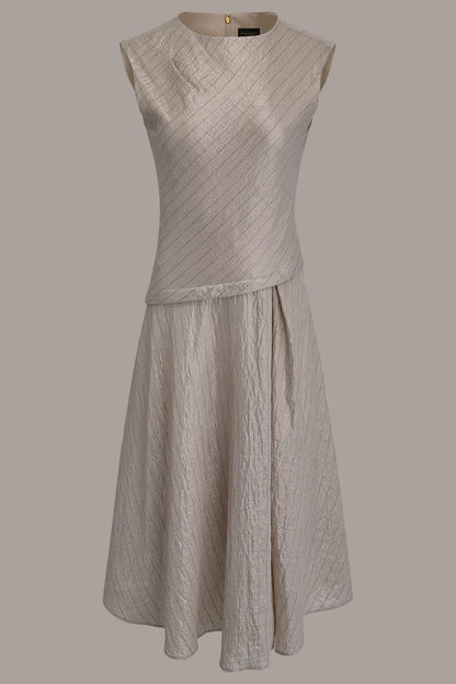 CAP SLEEVE ASYMMETRIC MIDI FIT AND FLARE DRESS - Sisal/Canyon