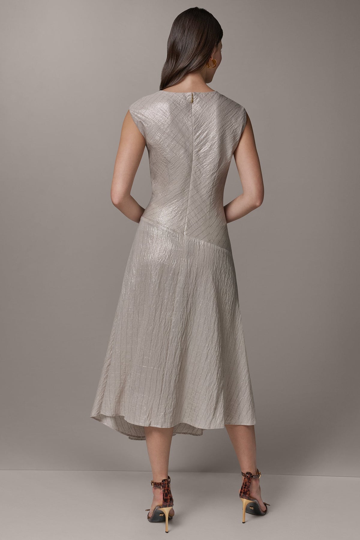 CAP SLEEVE ASYMMETRIC MIDI FIT AND FLARE DRESS - Sisal/Canyon
