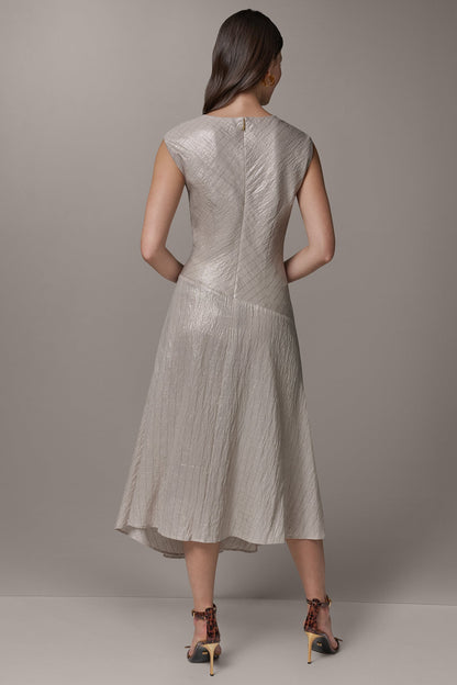CAP SLEEVE ASYMMETRIC MIDI FIT AND FLARE DRESS - Sisal/Canyon