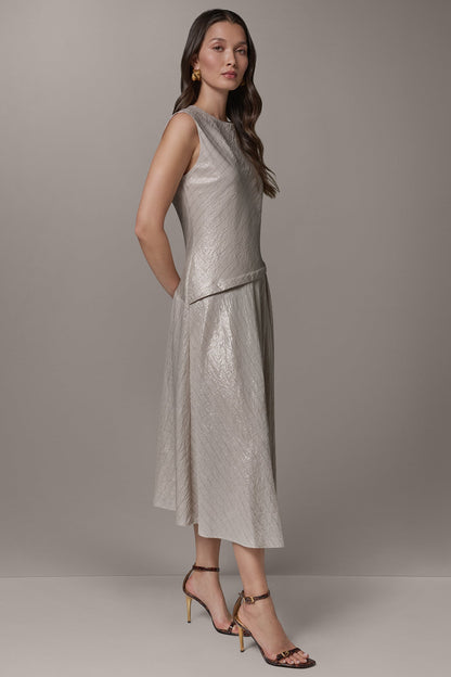 CAP SLEEVE ASYMMETRIC MIDI FIT AND FLARE DRESS - Sisal/Canyon