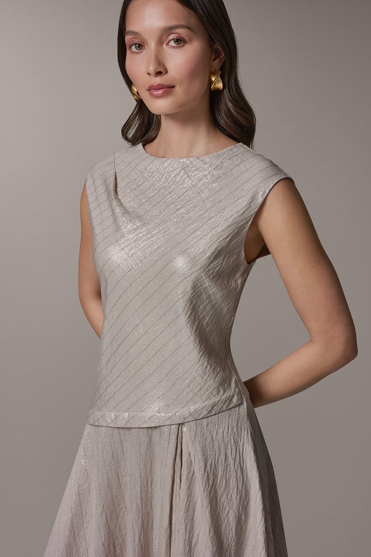 CAP SLEEVE ASYMMETRIC MIDI FIT AND FLARE DRESS - Sisal/Canyon