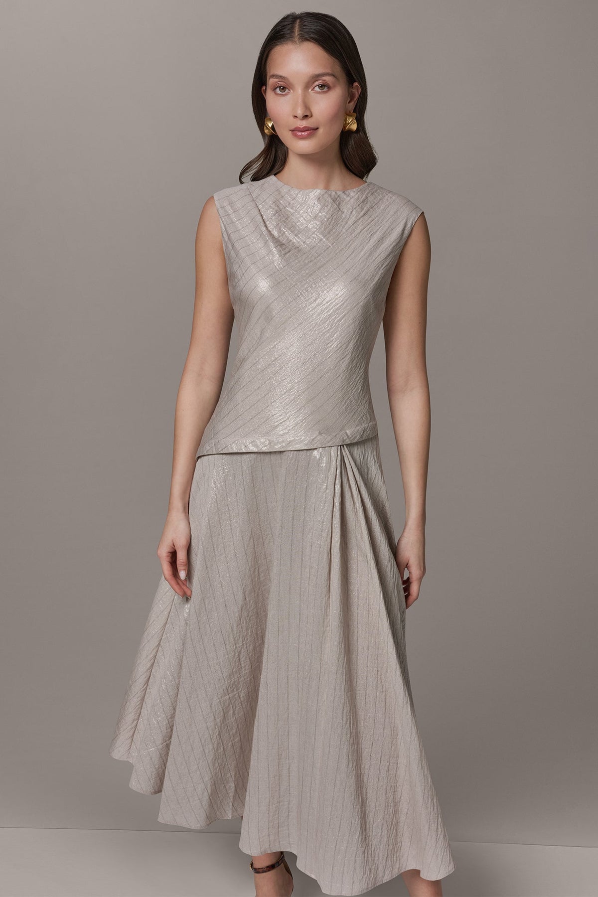CAP SLEEVE ASYMMETRIC MIDI FIT AND FLARE DRESS - Sisal/Canyon