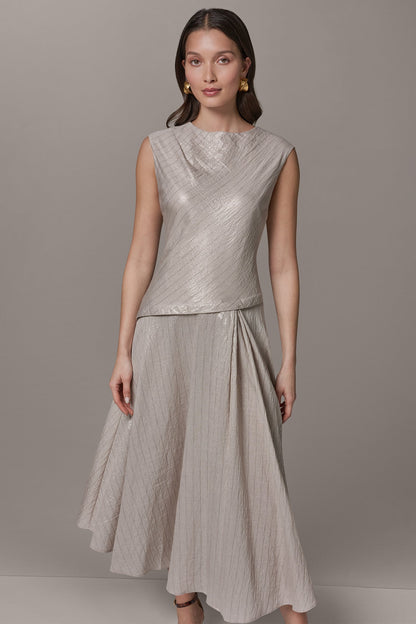 CAP SLEEVE ASYMMETRIC MIDI FIT AND FLARE DRESS - Sisal/Canyon