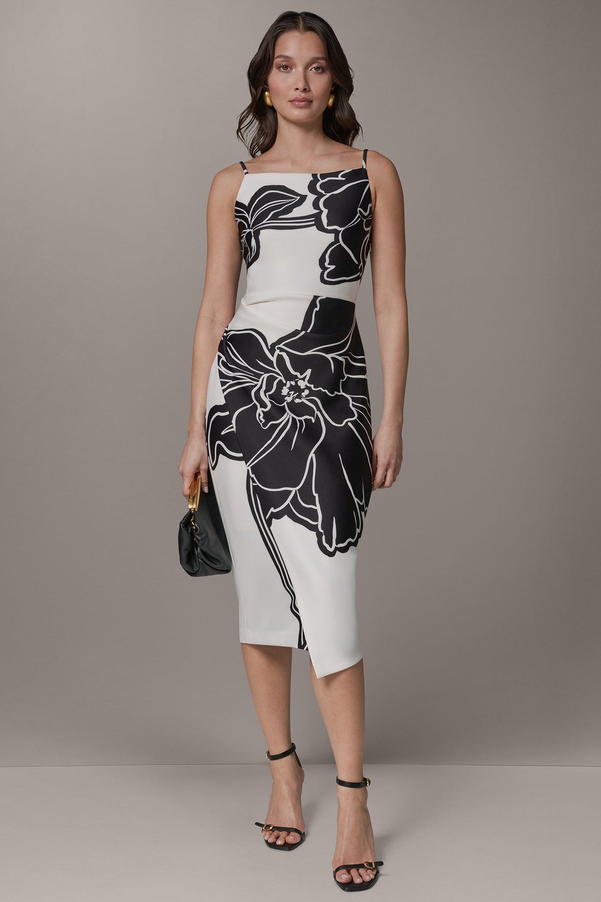 SLEEVELESS TWO-TONE FLORAL MIDI SHEATH DRESS - Cream/Black