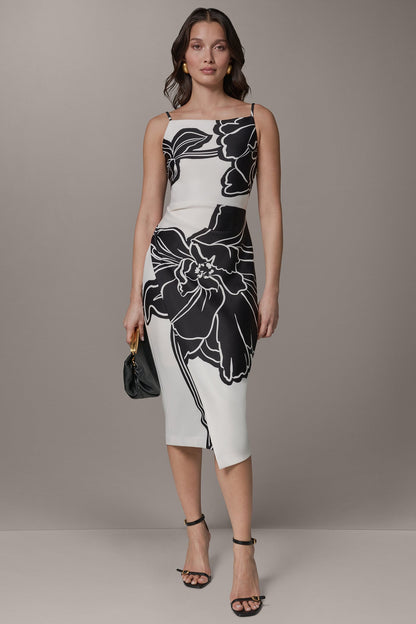 SLEEVELESS TWO-TONE FLORAL MIDI SHEATH DRESS - Cream/Black