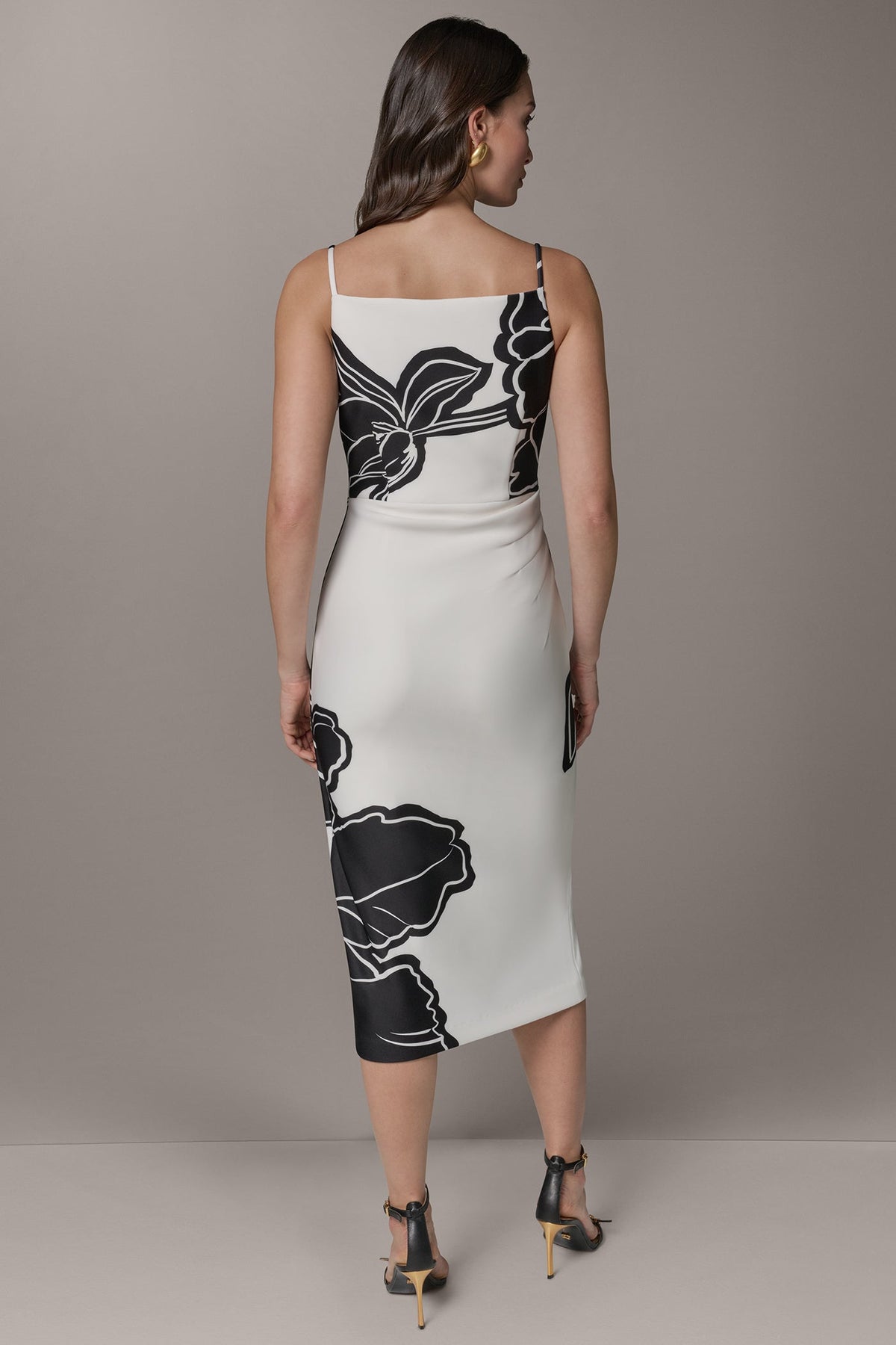 SLEEVELESS TWO-TONE FLORAL MIDI SHEATH DRESS - Cream/Black