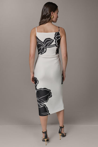 SLEEVELESS TWO-TONE FLORAL MIDI SHEATH DRESS - Cream/Black