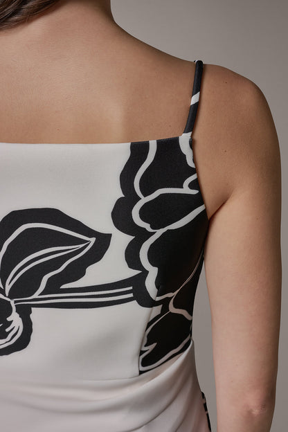 SLEEVELESS TWO-TONE FLORAL MIDI SHEATH DRESS - Cream/Black