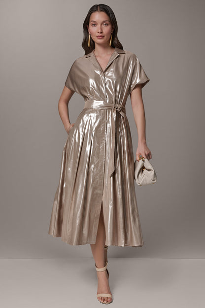 SHORT SLEEVE MIDI SHIRT DRESS - SNOW PETAL/SILVER