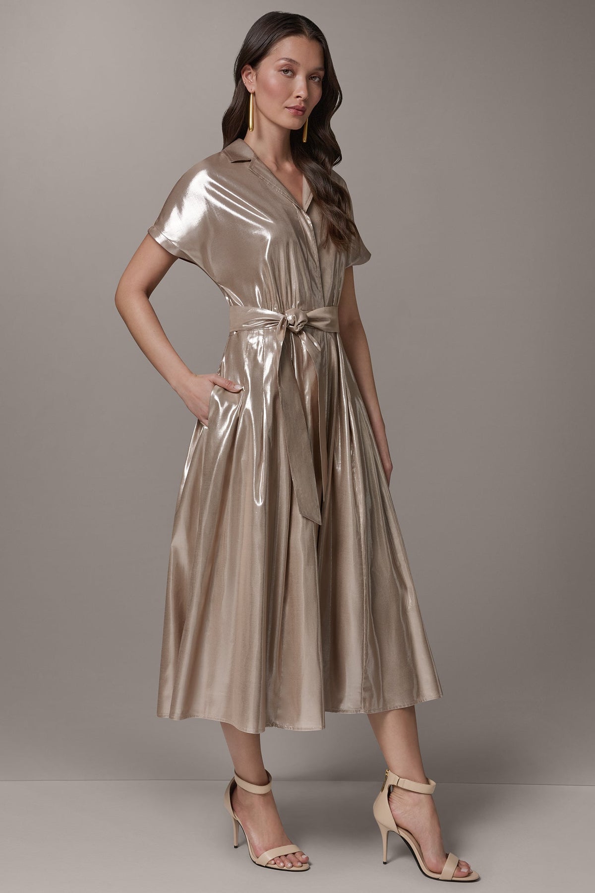 SHORT SLEEVE MIDI SHIRT DRESS - SNOW PETAL/SILVER