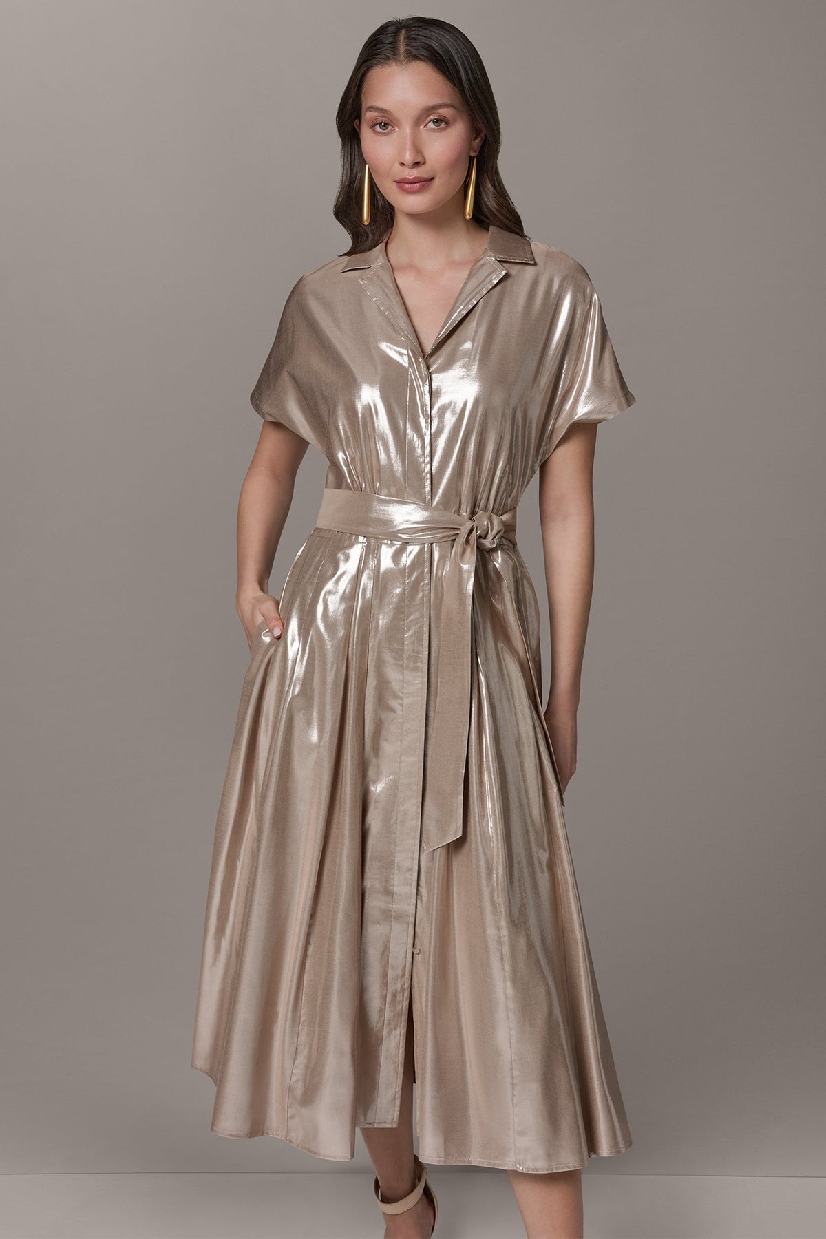 SHORT SLEEVE MIDI SHIRT DRESS - SNOW PETAL/SILVER