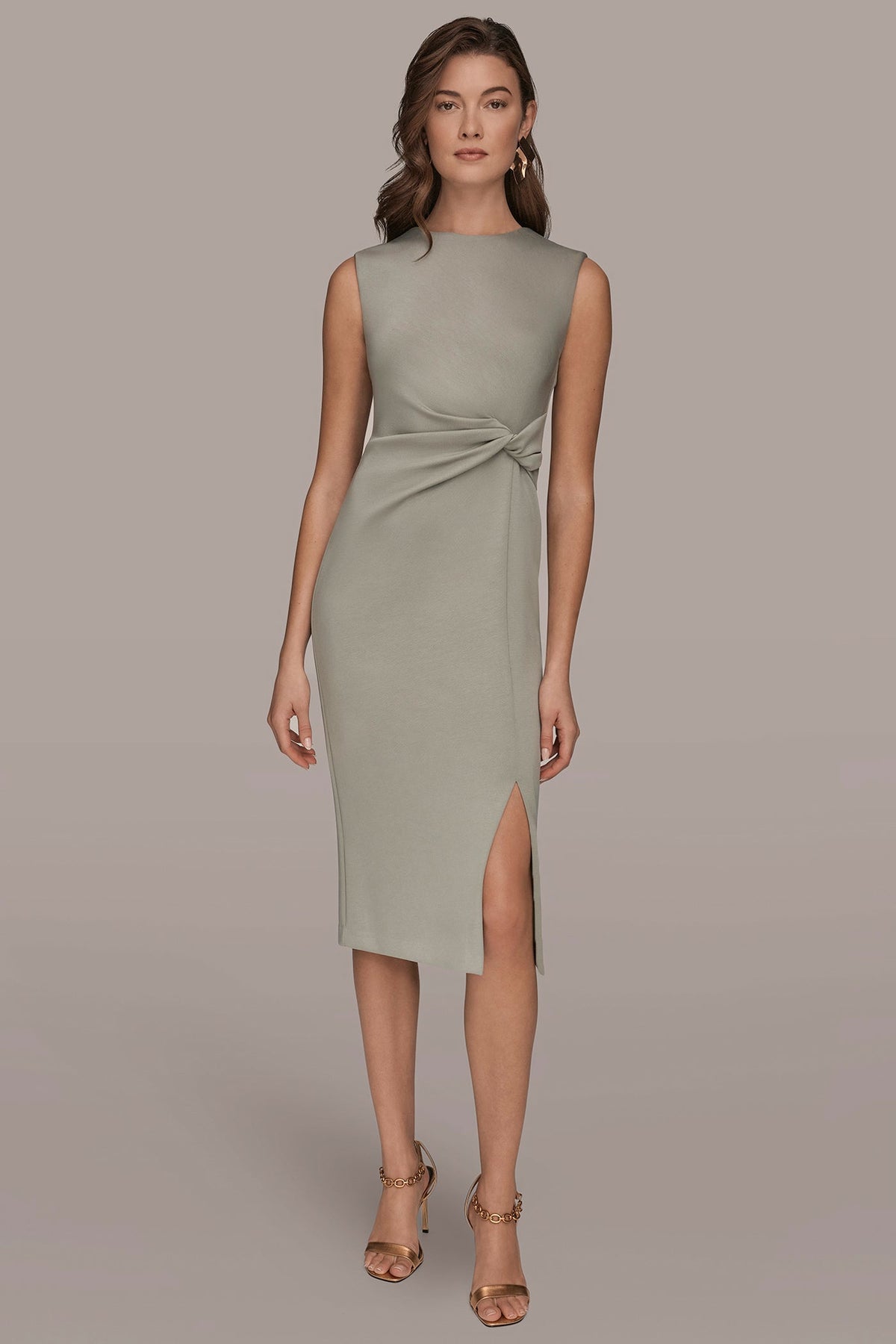 SLEEVELESS CREW-NECK TWIST MIDI SHEATH DRESS - WEATHERED SAGE
