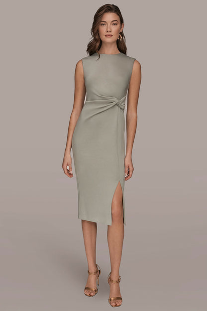 SLEEVELESS CREW-NECK TWIST MIDI SHEATH DRESS - WEATHERED SAGE