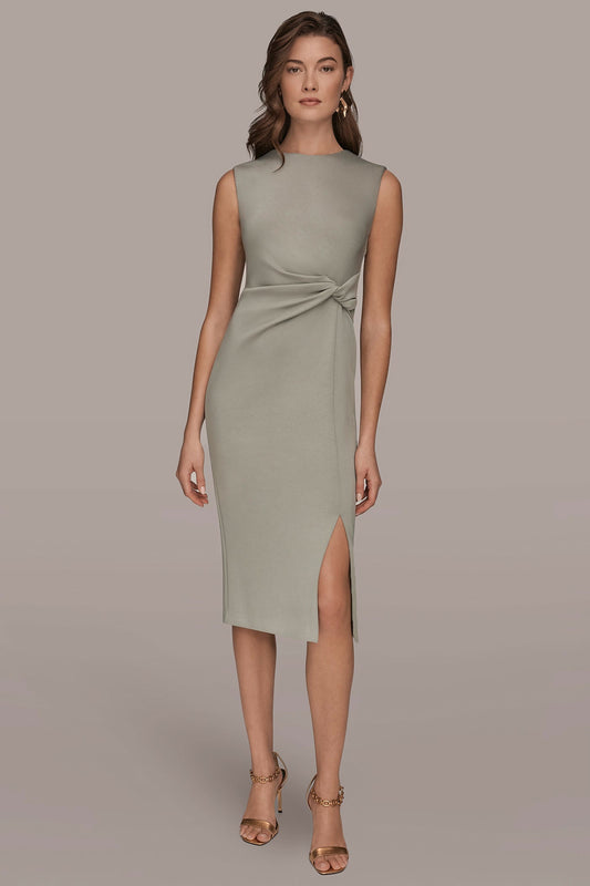 SLEEVELESS CREW-NECK TWIST MIDI SHEATH DRESS - WEATHERED SAGE