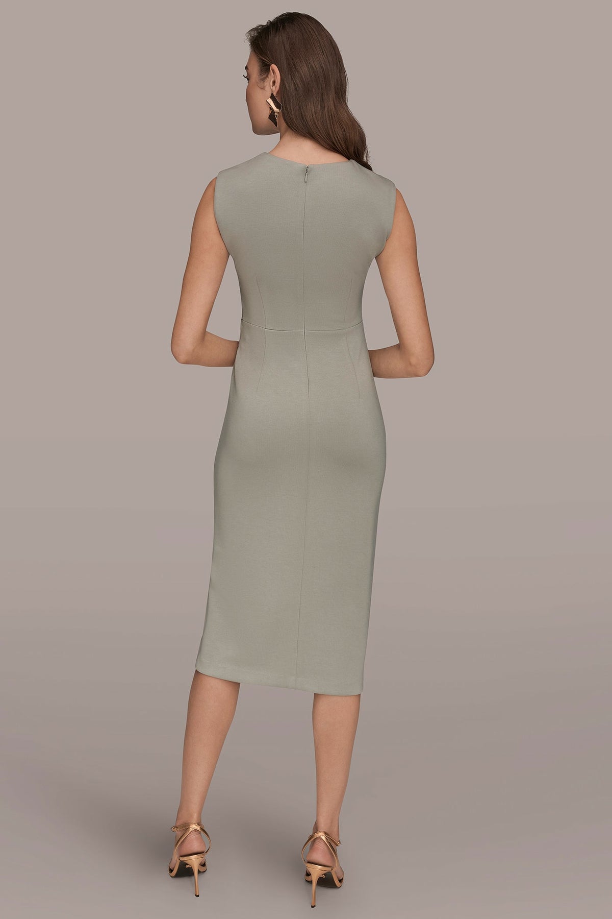SLEEVELESS CREW-NECK TWIST MIDI SHEATH DRESS - WEATHERED SAGE