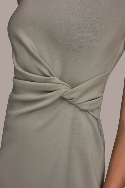 SLEEVELESS CREW-NECK TWIST MIDI SHEATH DRESS - WEATHERED SAGE