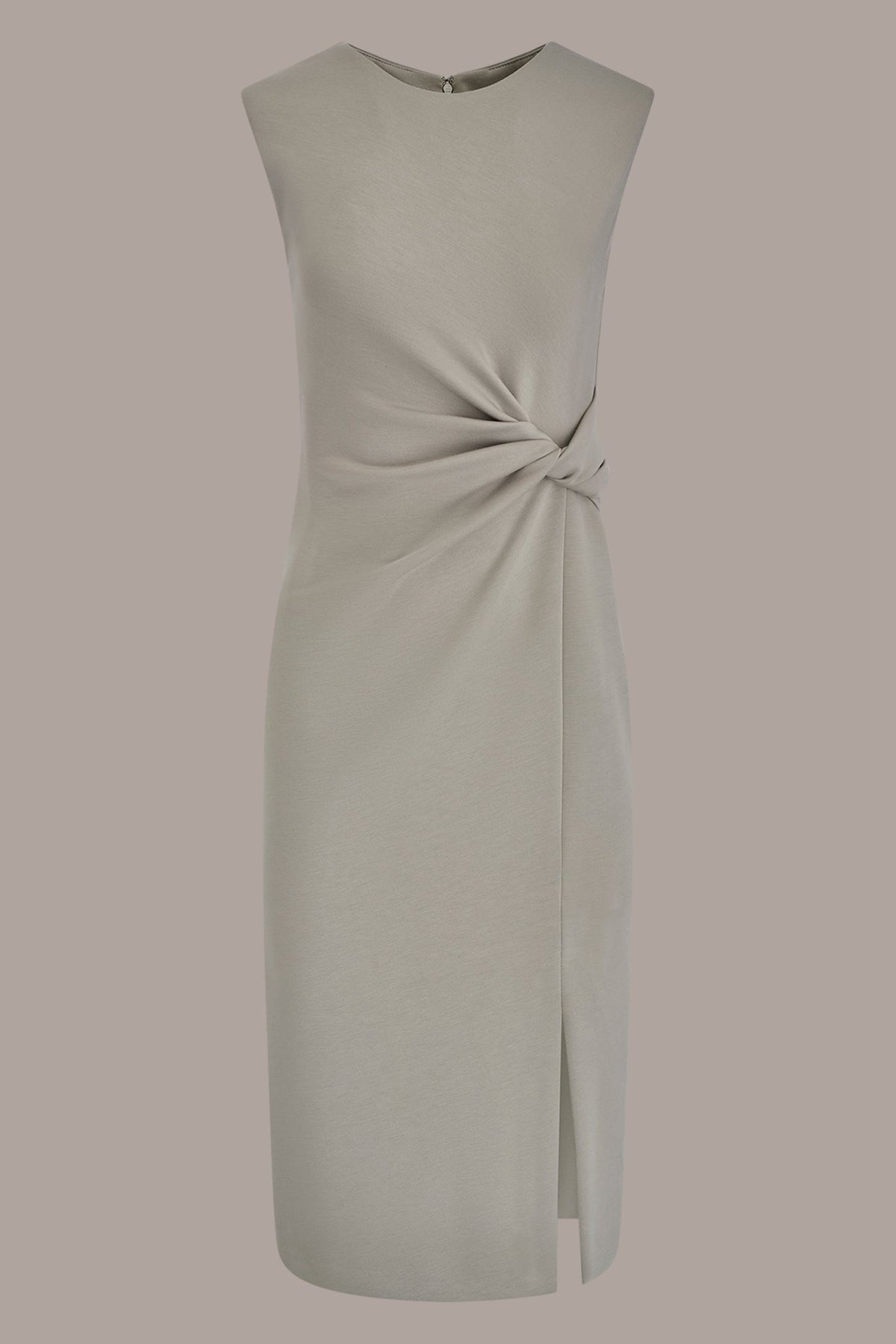 SLEEVELESS CREW-NECK TWIST MIDI SHEATH DRESS - WEATHERED SAGE