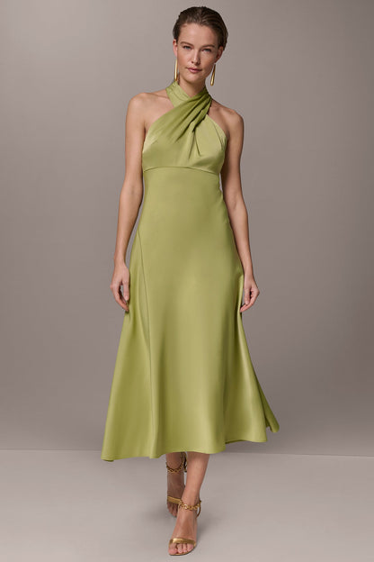 SATIN MIDI A-LINE HALTER DRESS - Kiwi