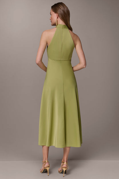 SATIN MIDI A-LINE HALTER DRESS - Kiwi