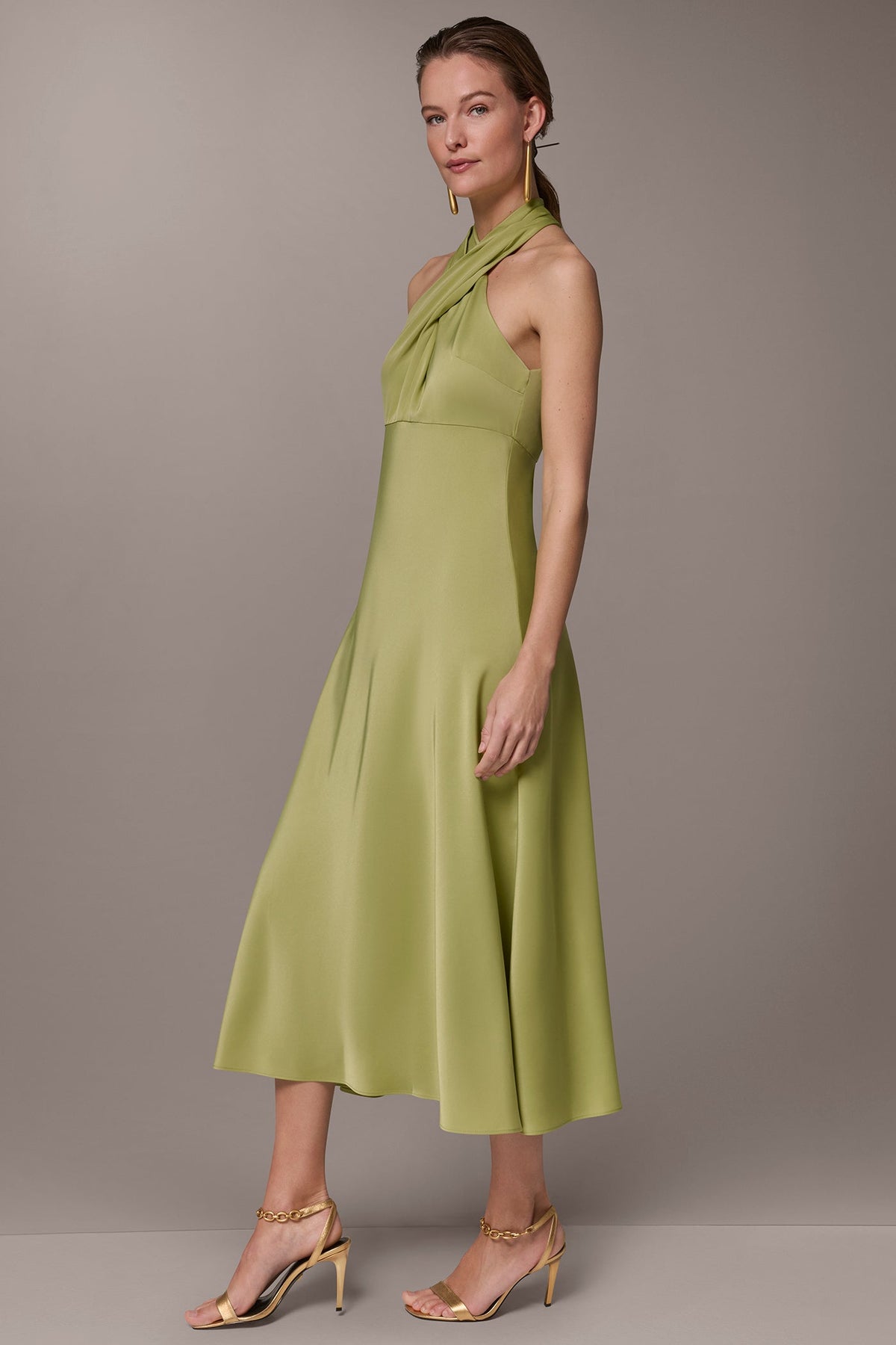 SATIN MIDI A-LINE HALTER DRESS - Kiwi