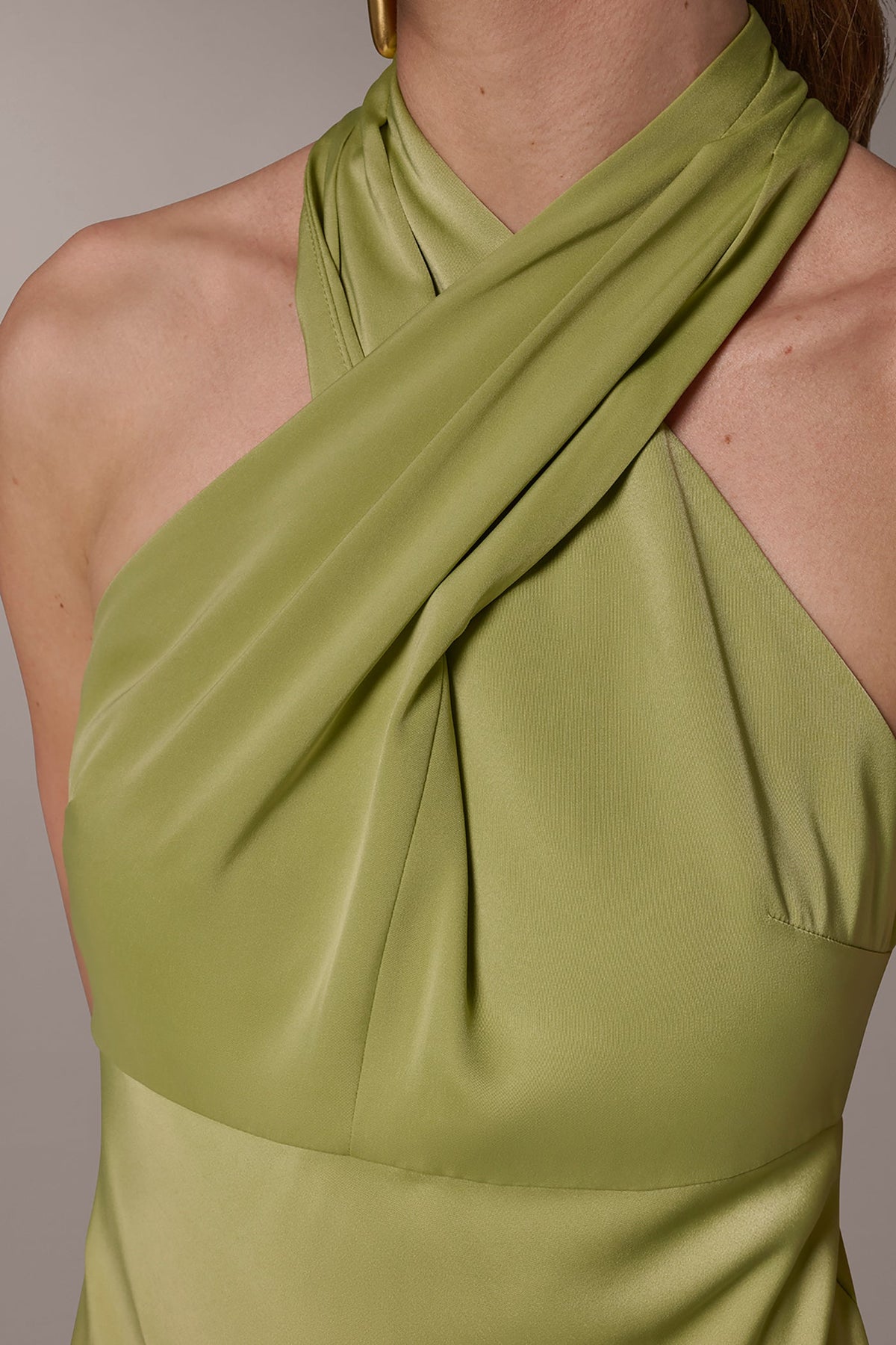 SATIN MIDI A-LINE HALTER DRESS - Kiwi