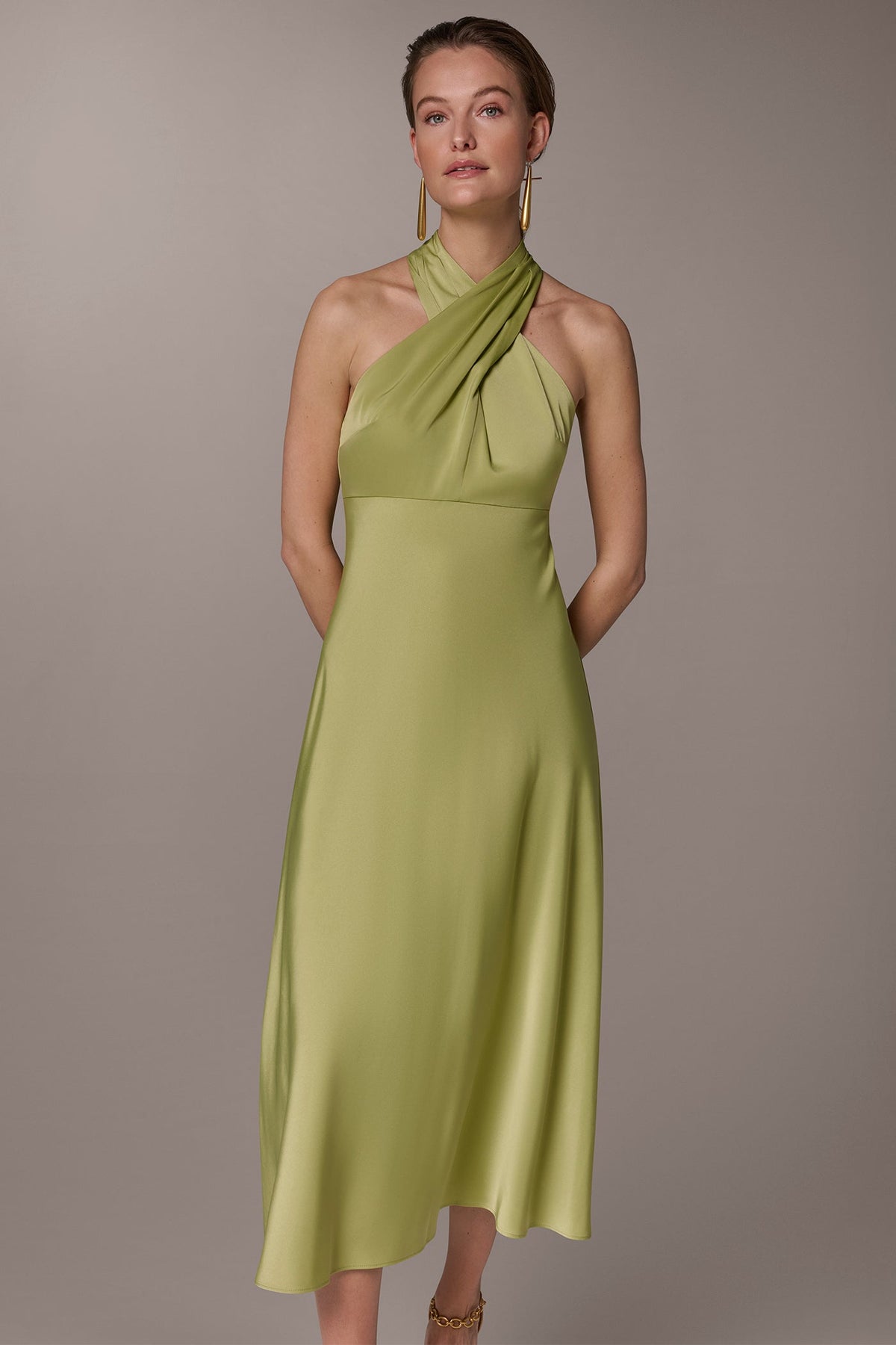 SATIN MIDI A-LINE HALTER DRESS - Kiwi