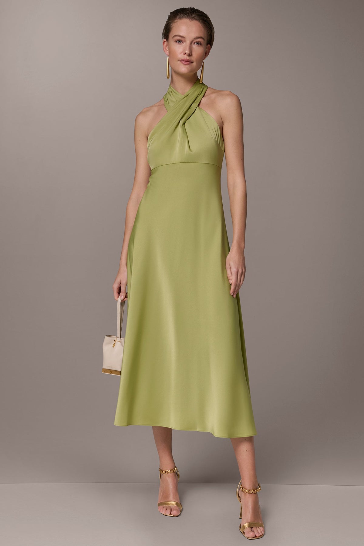 SATIN MIDI A-LINE HALTER DRESS - Kiwi