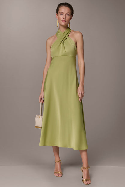 SATIN MIDI A-LINE HALTER DRESS - Kiwi