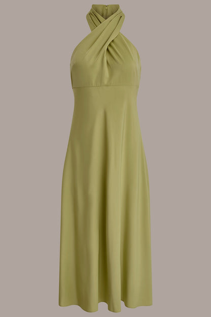 SATIN MIDI A-LINE HALTER DRESS - Kiwi