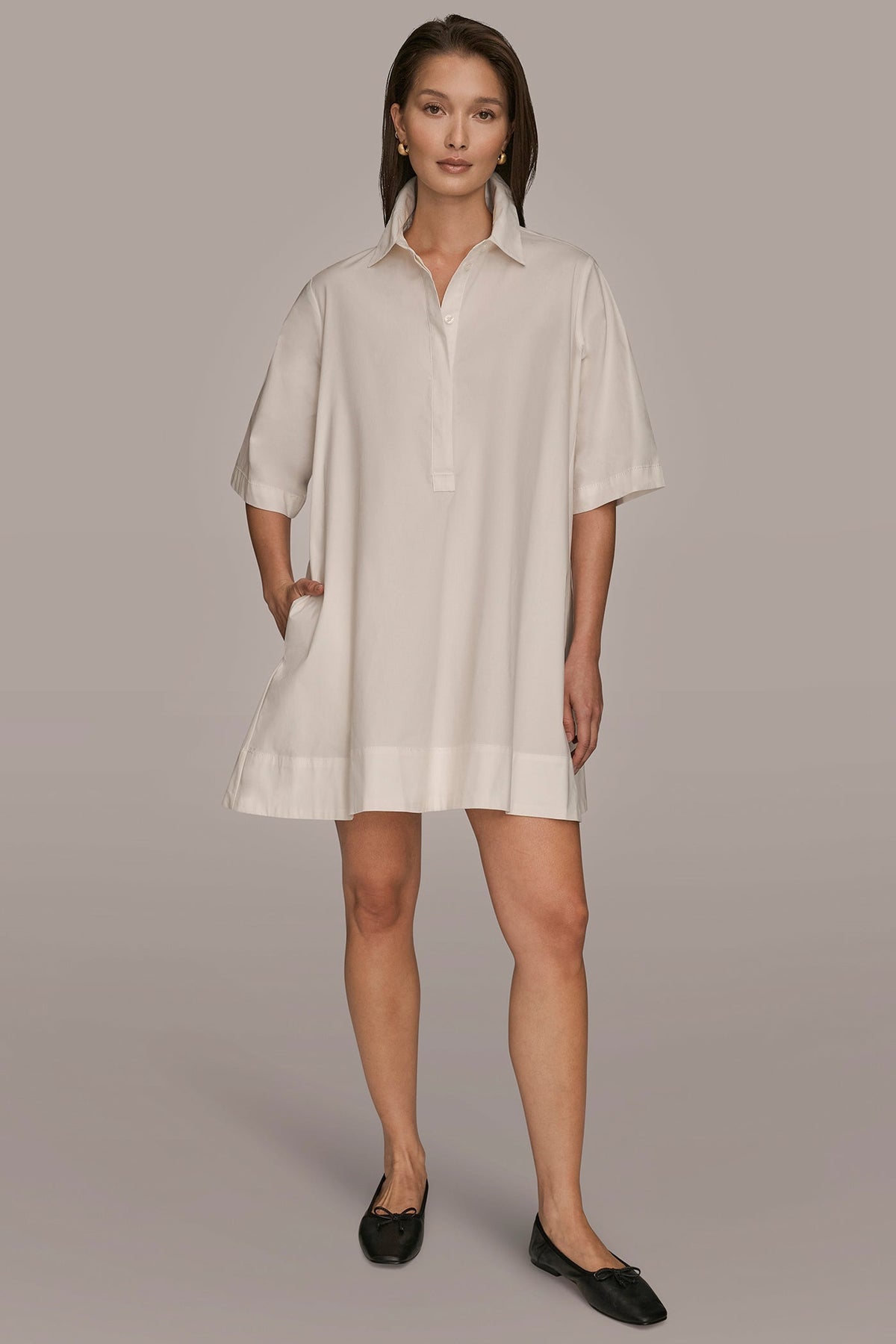 ELBOW-SLEEVE MINI SHIRT DRESS - CREAM