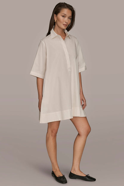 ELBOW-SLEEVE MINI SHIRT DRESS - CREAM