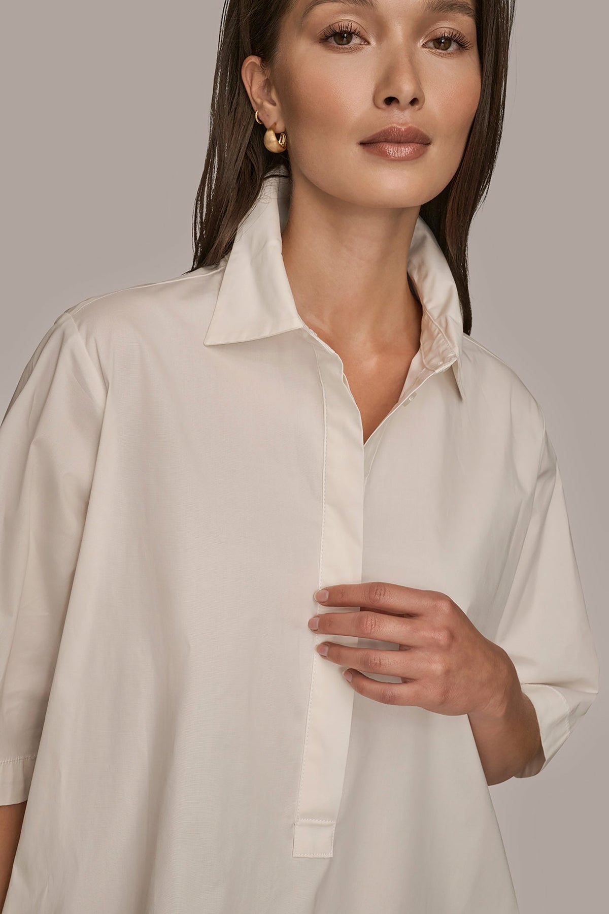 ELBOW-SLEEVE MINI SHIRT DRESS - CREAM