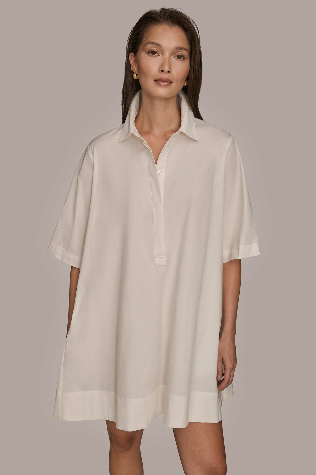 ELBOW-SLEEVE MINI SHIRT DRESS - CREAM
