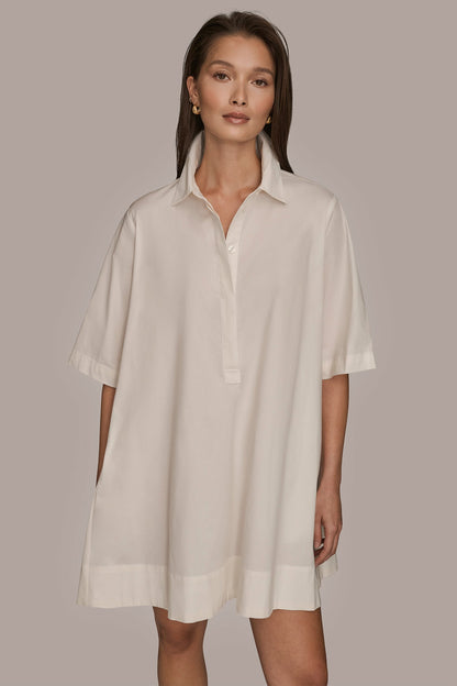 ELBOW-SLEEVE MINI SHIRT DRESS - CREAM