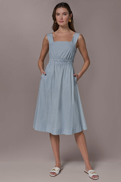 COTTON-POPLIN STRIPE CUTOUT MIDI DRESS - Washed Indigo/White