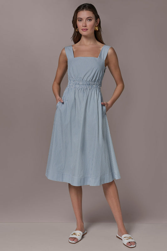 COTTON-POPLIN STRIPE CUTOUT MIDI DRESS - Washed Indigo/White