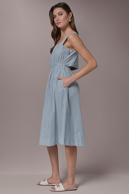 COTTON-POPLIN STRIPE CUTOUT MIDI DRESS - Washed Indigo/White