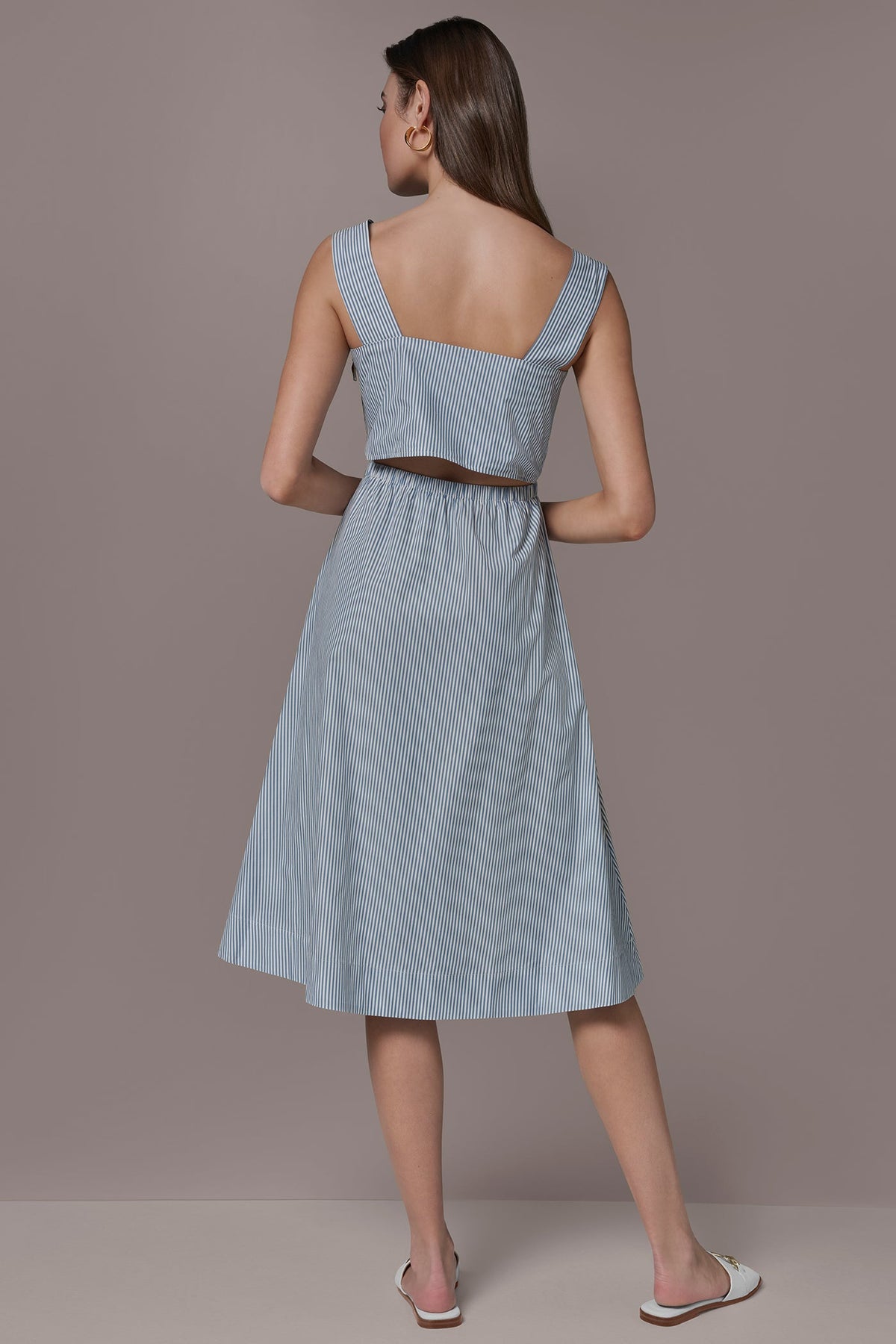 COTTON-POPLIN STRIPE CUTOUT MIDI DRESS - Washed Indigo/White