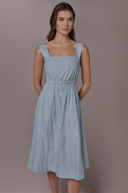 COTTON-POPLIN STRIPE CUTOUT MIDI DRESS - Washed Indigo/White
