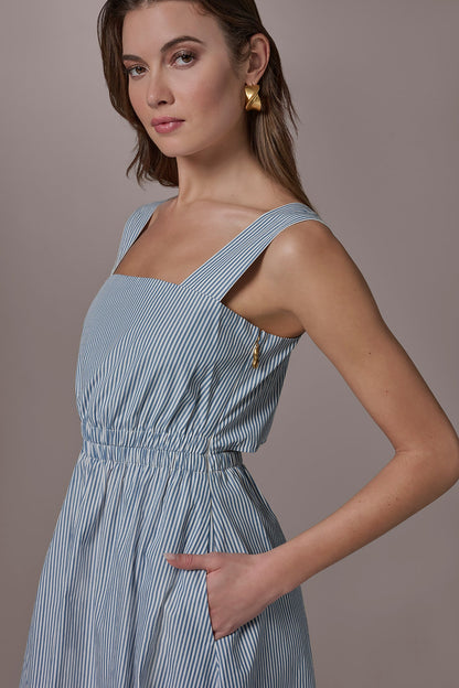 COTTON-POPLIN STRIPE CUTOUT MIDI DRESS - Washed Indigo/White