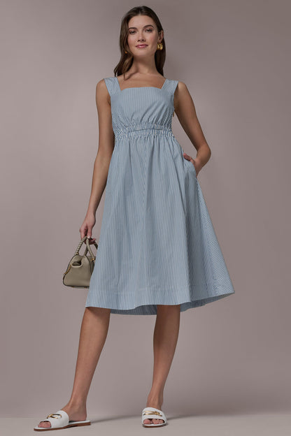 COTTON-POPLIN STRIPE CUTOUT MIDI DRESS - Washed Indigo/White